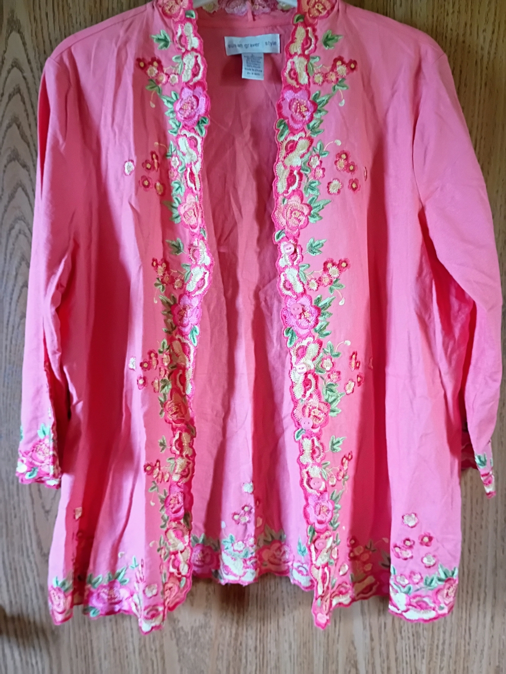 Susan Graver Coral Pink Embroidered Button Up Cardigan